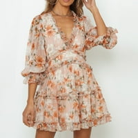 Tking Modni ljetni ležerne haljine za ruff haljine za žene dugih rukava V-izrez šifon mini haljine narančasti