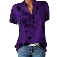 Otvotza V izrez kratki rukav Top žena Henley Strana sa džepom Ljetne košulje za žene Trendy cvjetni