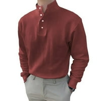 Ležerne muškarci Labavi čvrsti dugi rukav dress košulja bluza s majicom majica vino crvena xl