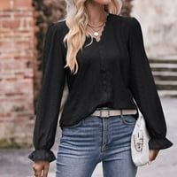Ženska jesena moda, ženski vrhovi, dugi rukav ležerni čvrsti V-izrez čipka za bluzu bluza majica tunika