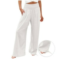 Žene ljetne casual pantalone elastični visoki struk pune hlače Čvrsta pamučna posteljina hlače široke