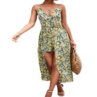 Ženska cvjetna V-izrez Midi haljina ljeto bez rukava Casure CAMI Sunderssy Playsuit
