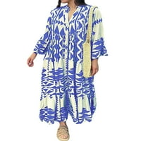 Ženska dugačka maxi haljina boemska košulja za ispis V V izrez casual party svijetlo plava 3xl