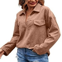 Colisha Dame Baggy Jesen bluza Džebovi DECOR V izrez Pulover Loobar Corduroy Tunic Majica Brown XL